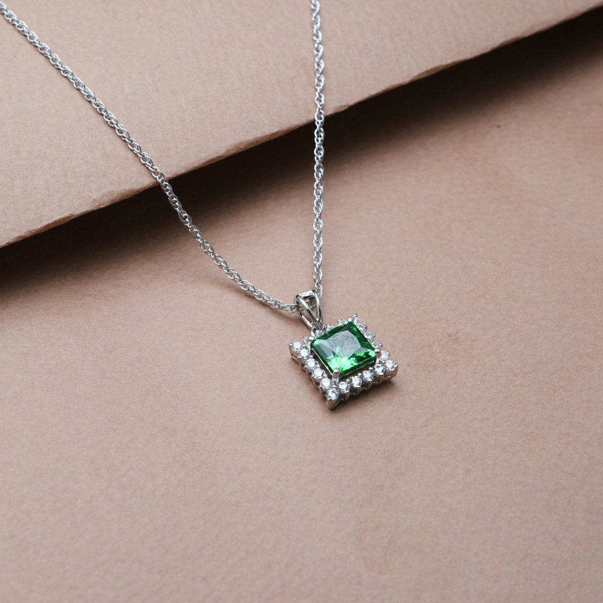 925 Silver Emerald Square Halo Pendant - 925 sterling silver pendant by Tassya Silver