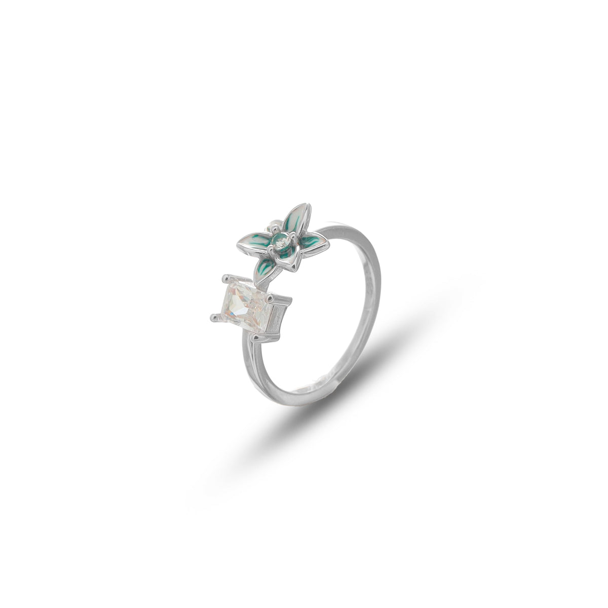 925 Silver Green Floral Charm Ring - 925 sterling silver ring by Tassya Silver