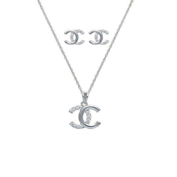 925 Silver Interlocking C Sparkle Pendant & Studs Set