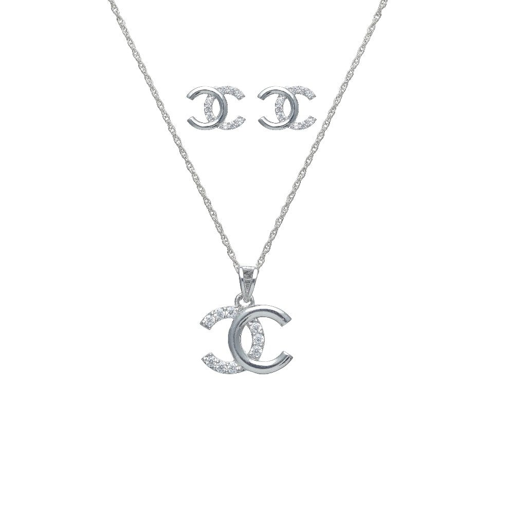 925 Silver Interlocking C Sparkle Pendant & Studs Set - 925 sterling silver earrings by Tassya Silver