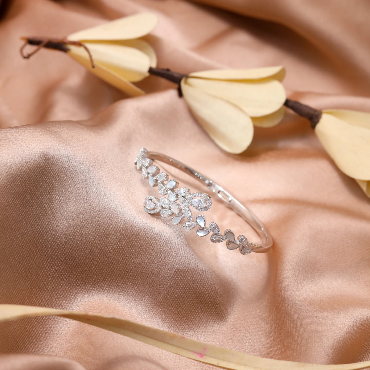 925 Silver Leafy Elegance Diamond Kada - 925 sterling silver bracelet by Tassya Silver