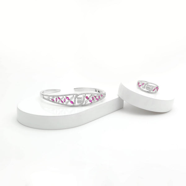 925 Silver Luxurious Pink Floral Bracelet with Ring Set