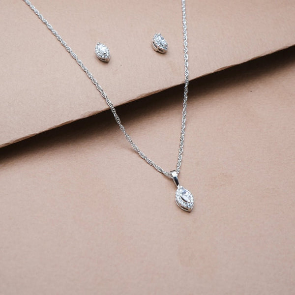 925 Silver Marquise Halo Pendant & Studs Set