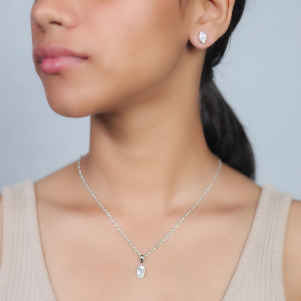 925 Silver Marquise Halo Pendant & Studs Set