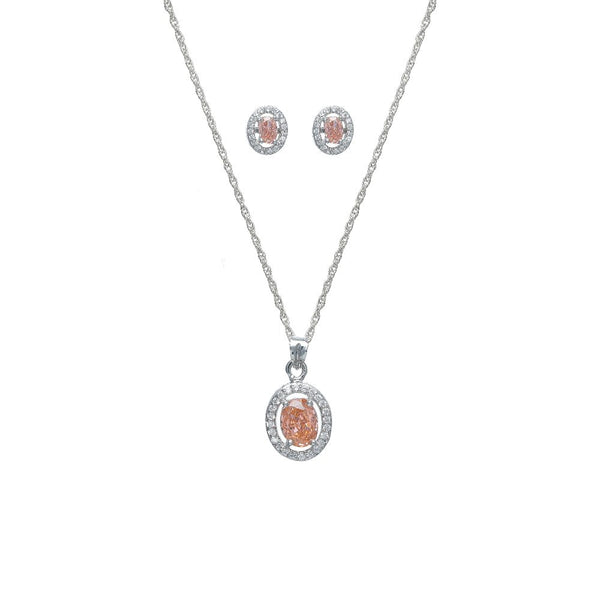 925 Silver Peach Oval Halo Pendant & Studs Set