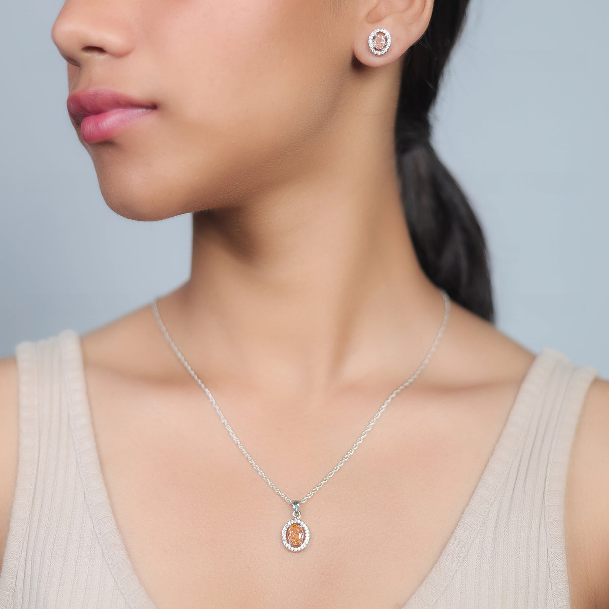 925 Silver Peach Oval Halo Pendant & Studs Set - 925 sterling silver earrings by Tassya Silver