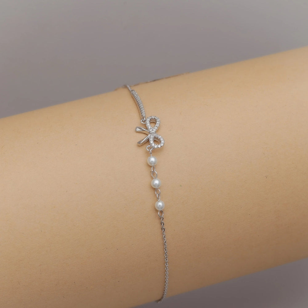 925 Silver Pearl Bow Bracelet - 925 sterling silver bracelet by Tassya Silver