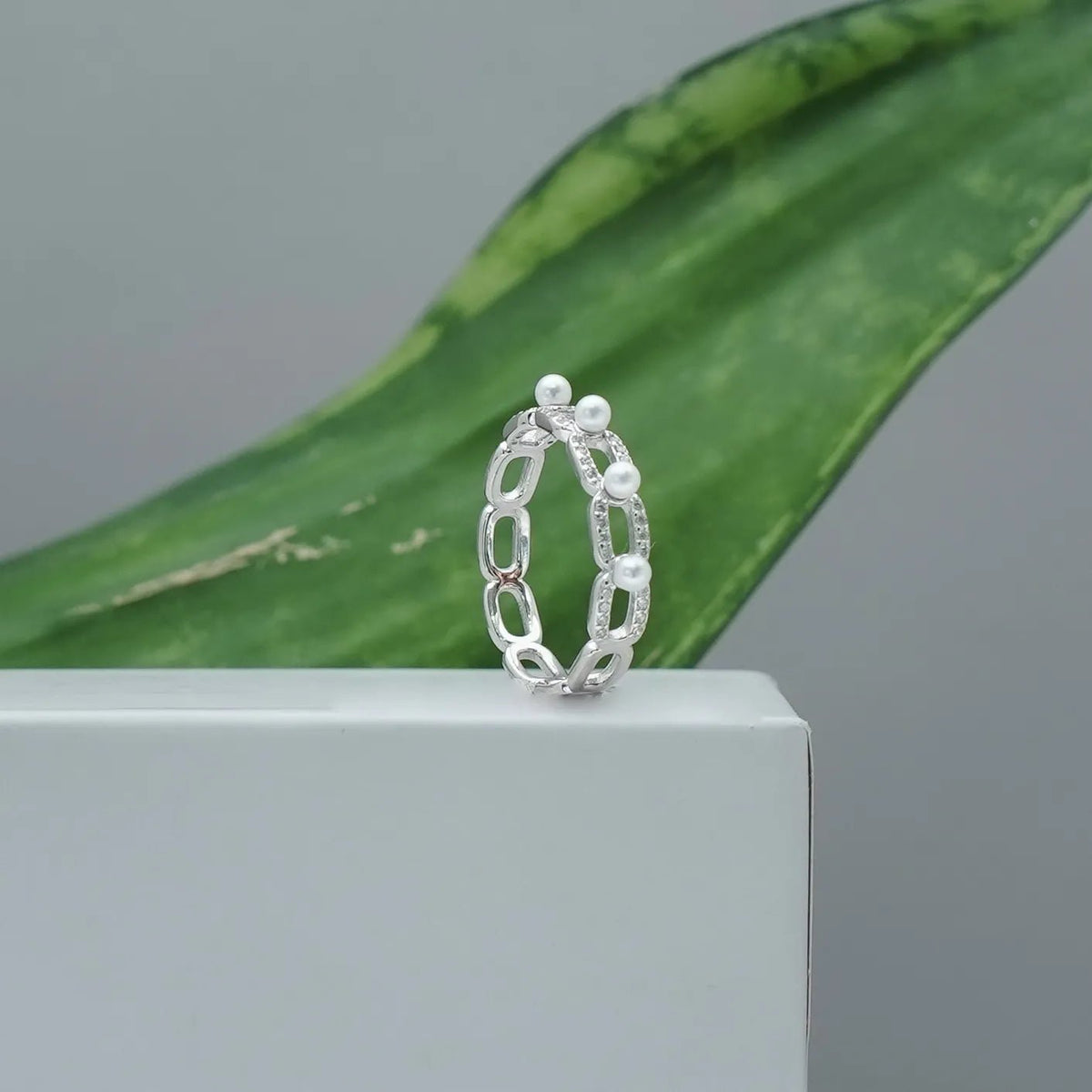 925 Silver Pearl Chainlink Ring - 925 sterling silver ring by Tassya Silver