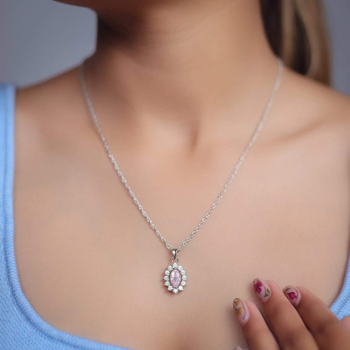 925 Silver Petal Halo Pink Pendant - 925 sterling silver pendant by Tassya Silver