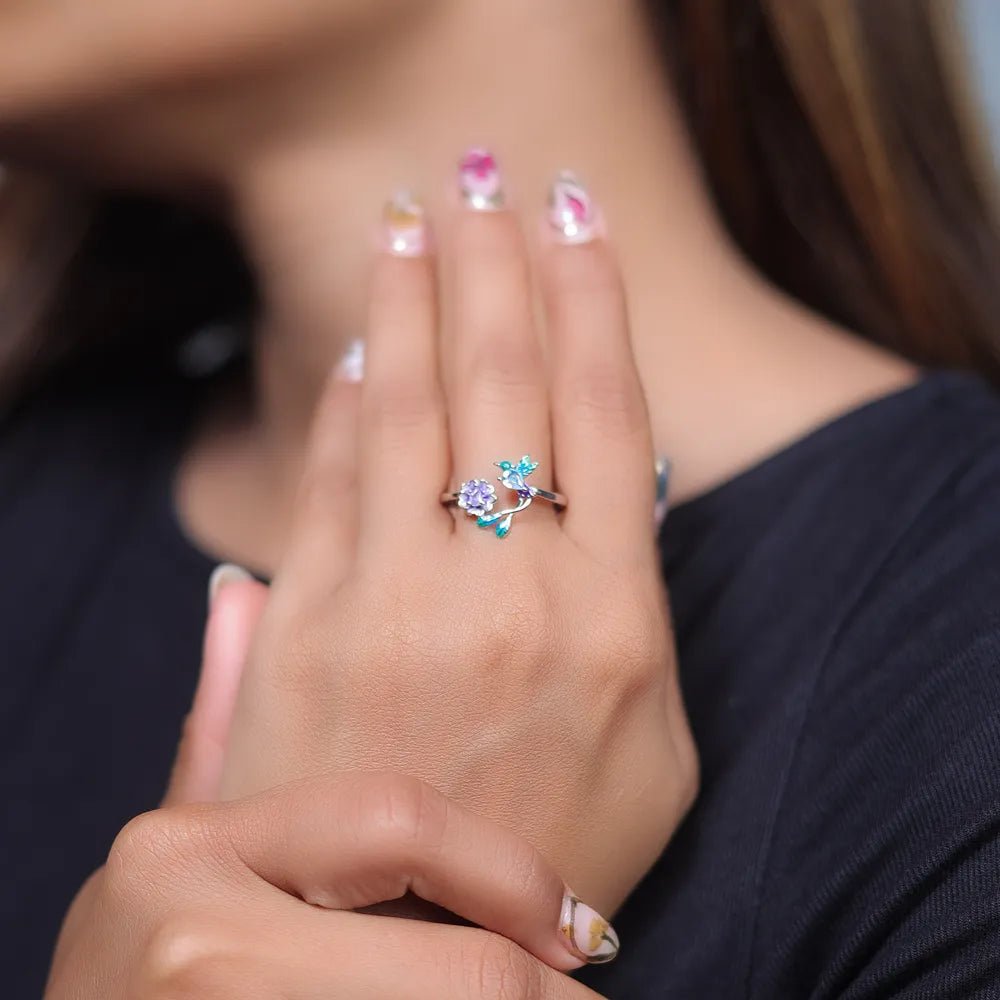 925 Silver Petal Hummingbird Floral Ring - 925 sterling silver ring by Tassya Silver