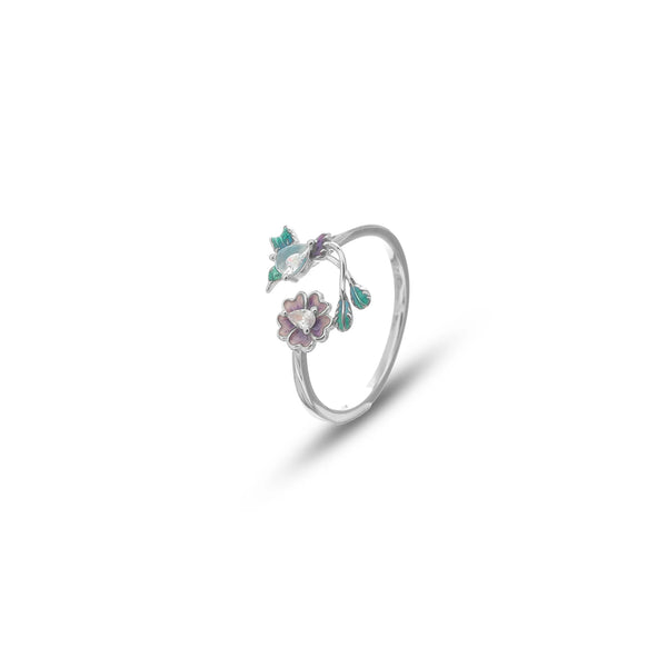925 Silver Petal Hummingbird Floral Ring