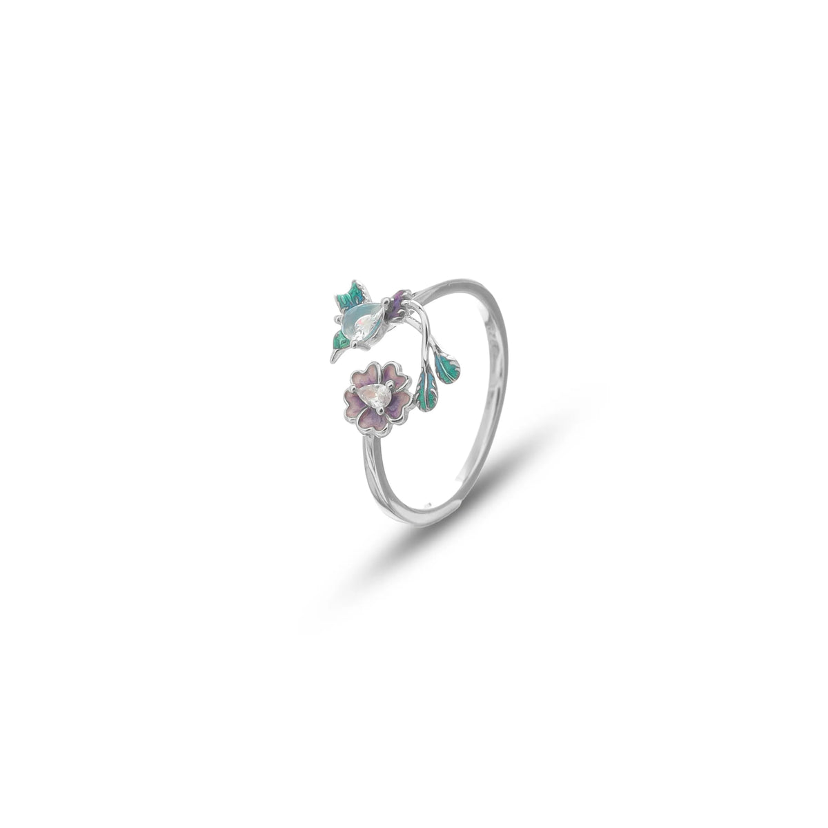 925 Silver Petal Hummingbird Floral Ring - 925 sterling silver ring by Tassya Silver