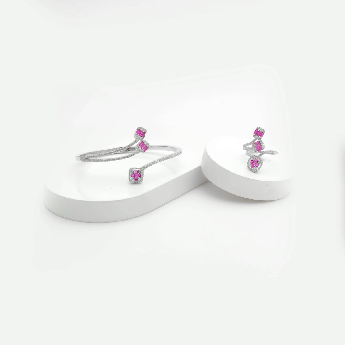 925 Silver Pink Diamond Twirling Grace Bracelet with Ring Set - 925 sterling silver bracelet by Tassya Silver
