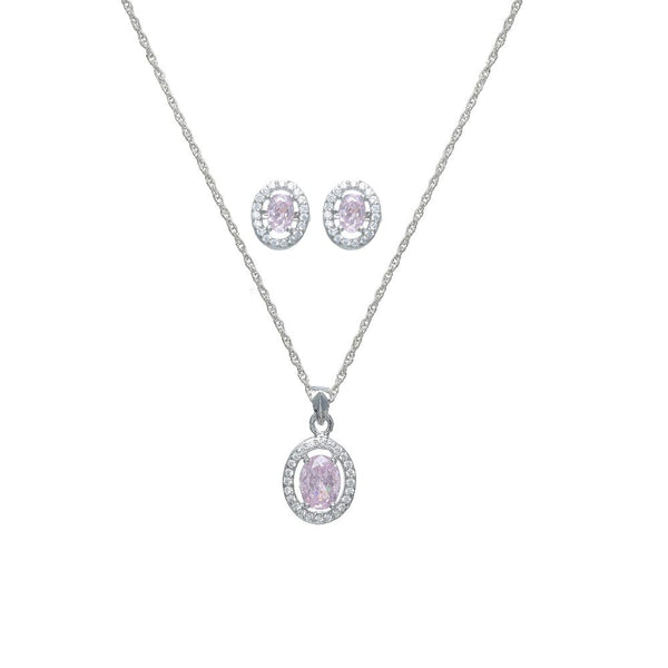 925 Silver Pink Oval Halo Pendant & Studs Set