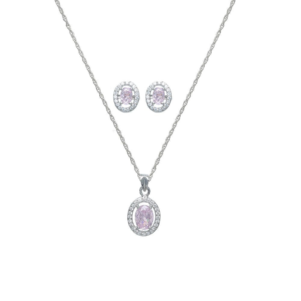 925 Silver Pink Oval Halo Pendant & Studs Set - 925 sterling silver earrings by Tassya Silver