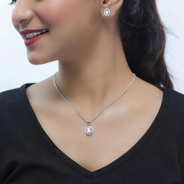 925 Silver Pink Oval Halo Pendant & Studs Set