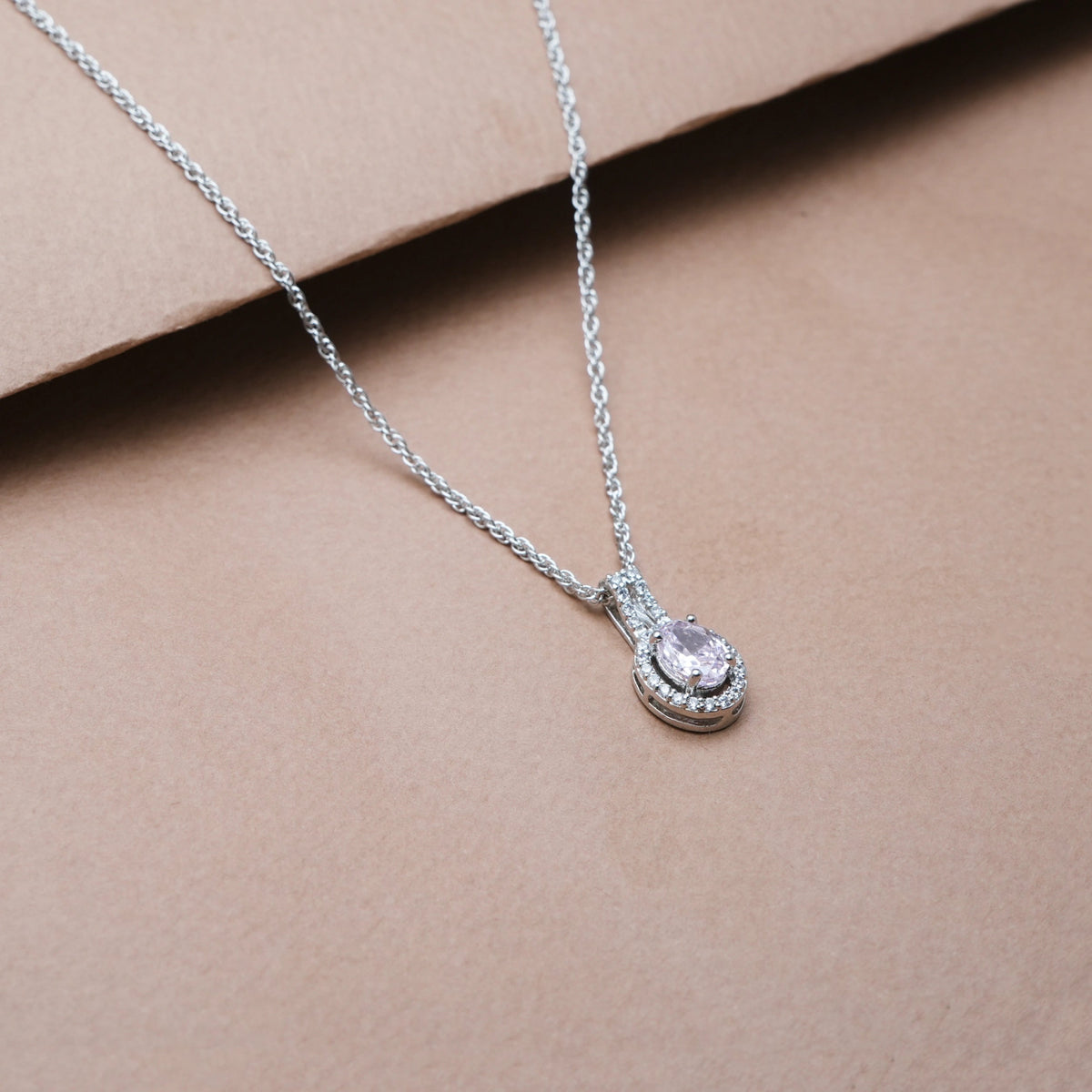 925 Silver Pink Oval Halo Pendant - 925 sterling silver pendant by Tassya Silver