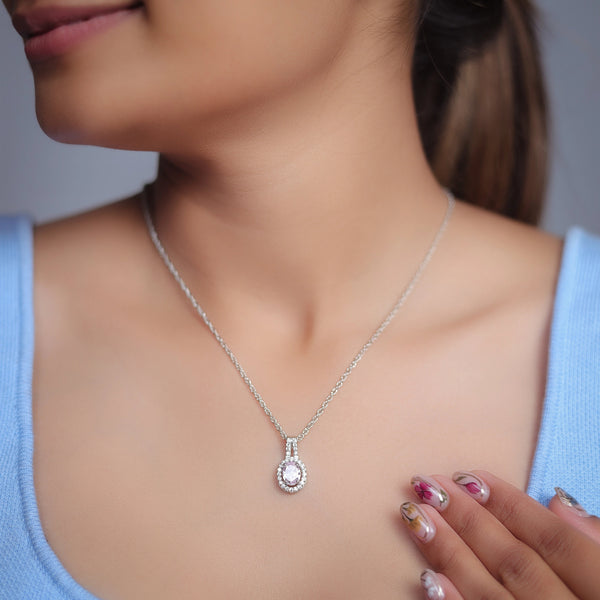 925 Silver Pink Oval Halo Pendant
