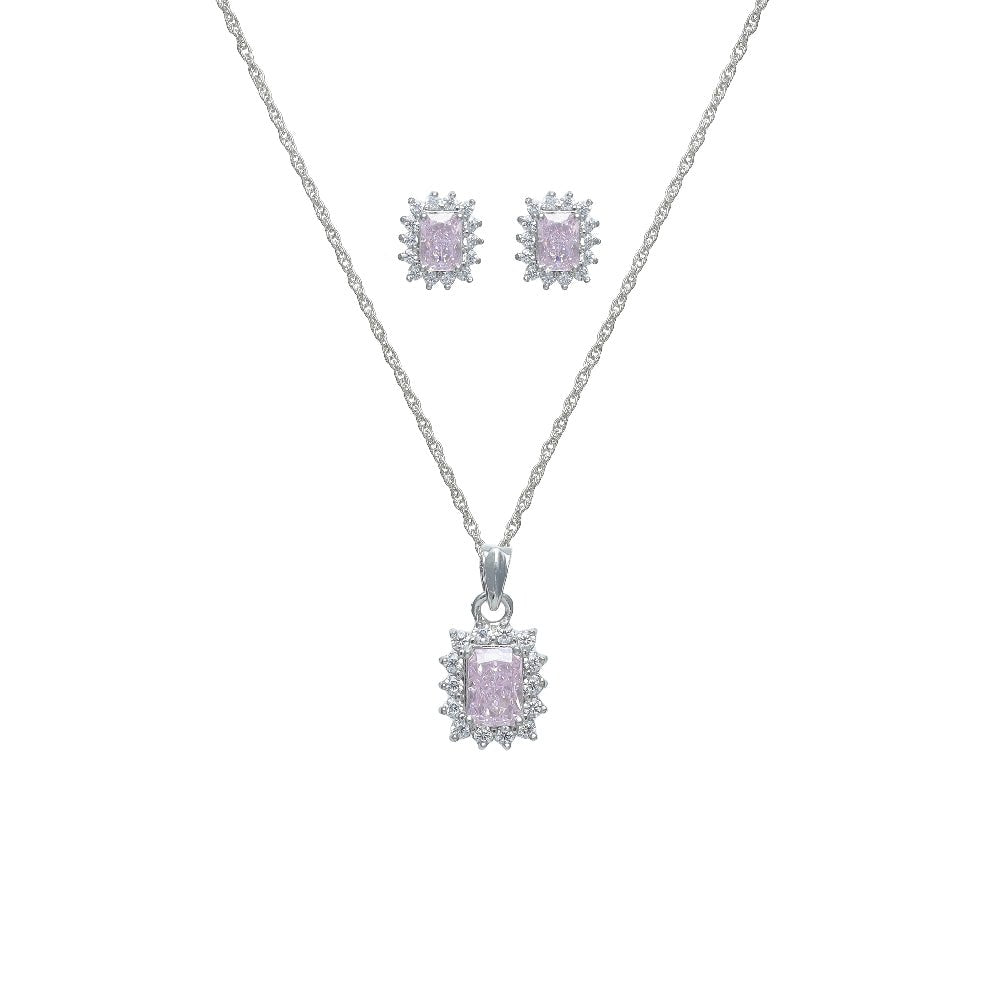 925 Silver Pink Radiant Cut Halo Set - 925 sterling silver jewellery set by Tassya Silver