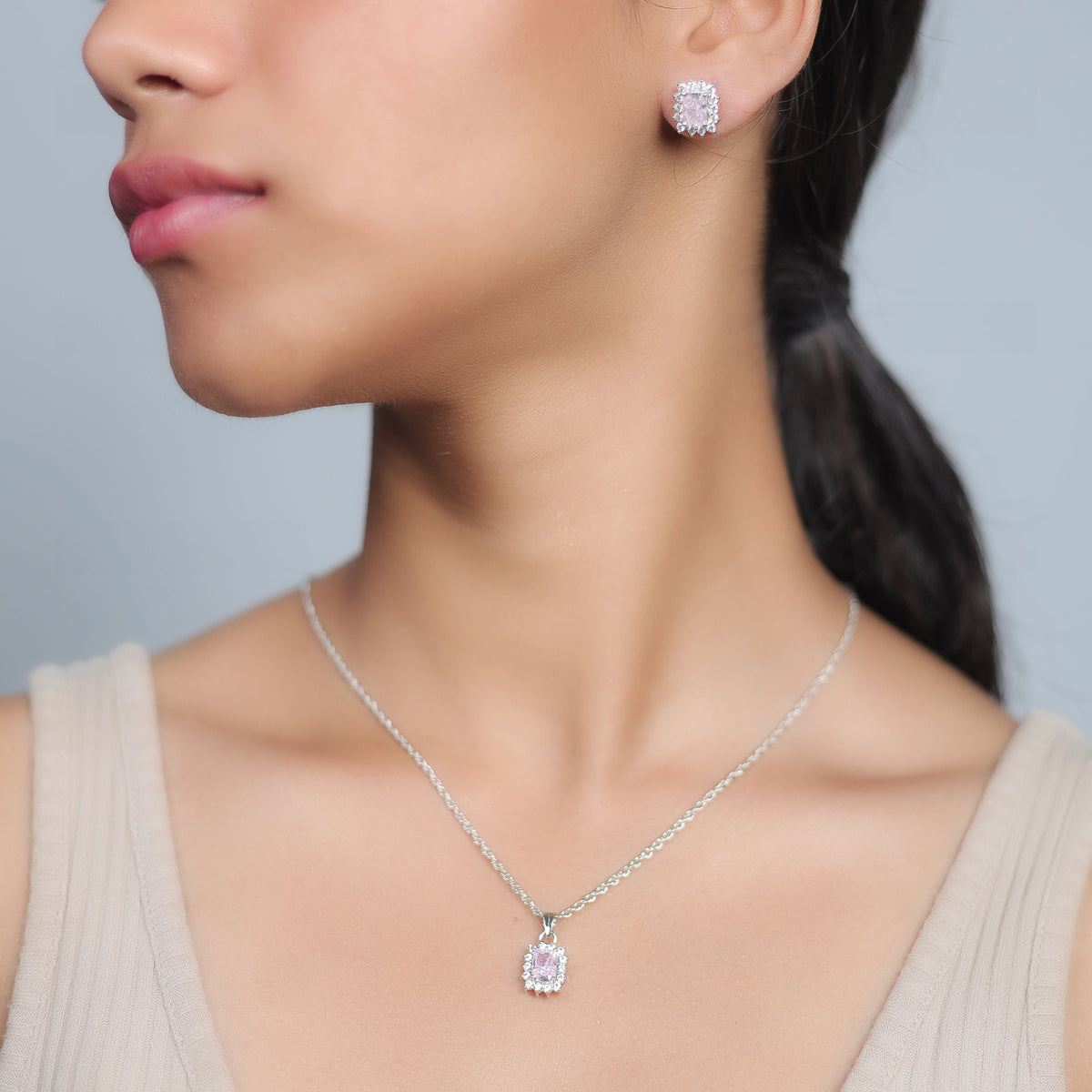 925 Silver Pink Radiant Cut Halo Set - 925 sterling silver jewellery set by Tassya Silver