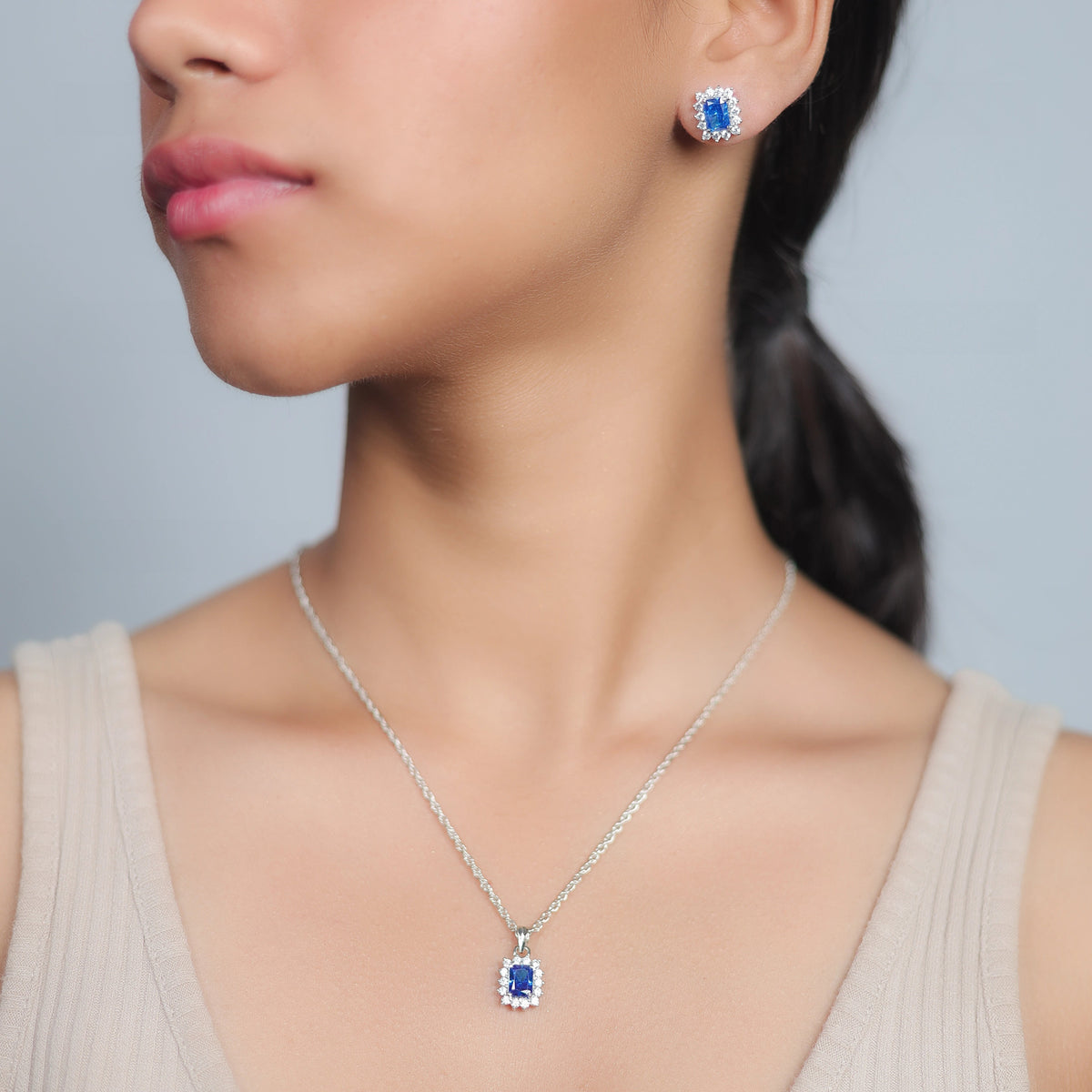 925 Silver Sapphire Radiant Cut Halo Set - 925 sterling silver jewellery set by Tassya Silver
