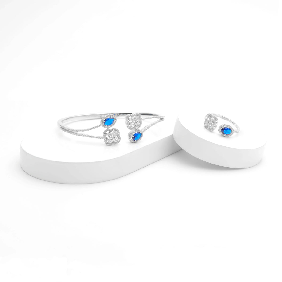 925 Silver Sapphire Symphony Diamond Bracelet & Ring Set - 925 sterling silver bracelet by Tassya Silver