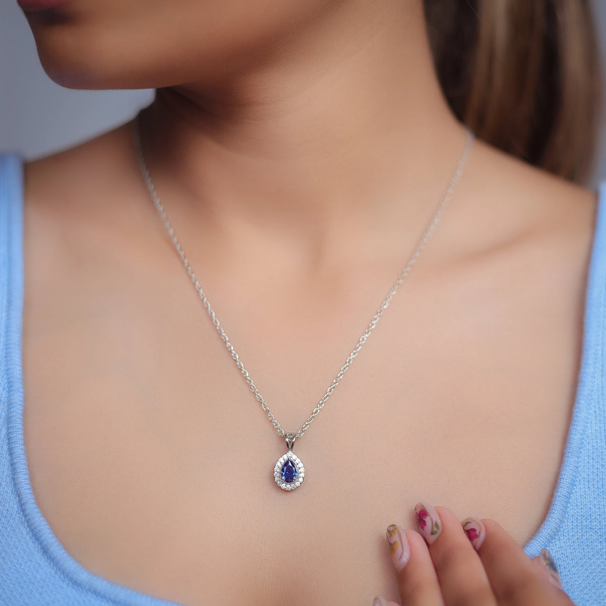 925 Silver Sapphire Teardrop Pendant - 925 sterling silver pendant by Tassya Silver
