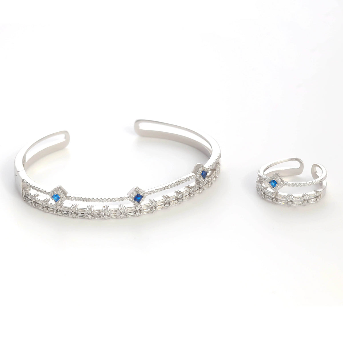 925 Silver Serene Sapphire Charm Bracelet with Ring Set - 925 sterling silver bracelet by Tassya Silver