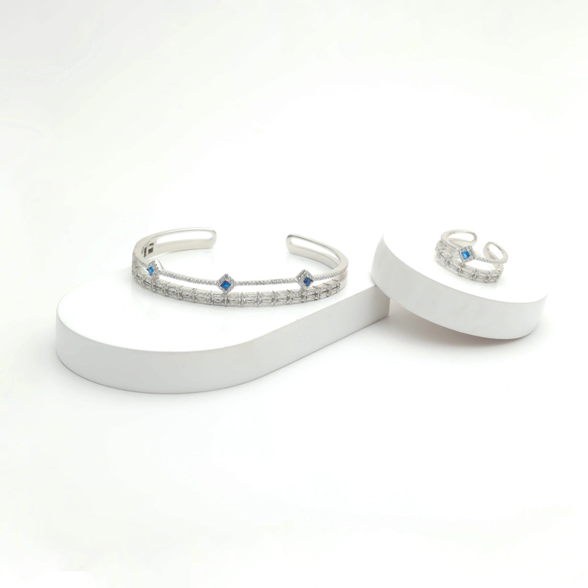 925 Silver Serene Sapphire Charm Bracelet with Ring Set - 925 sterling silver bracelet by Tassya Silver
