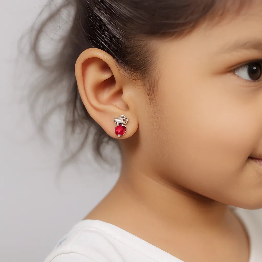 925 Silver Swan with Red Ruby Earrings for Baby - 925 sterling silver earrings by Tassya Silver