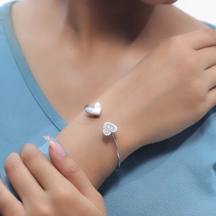 925 Silver Twin Hearts Open Cuff Kada - 925 sterling silver bracelet by Tassya Silver