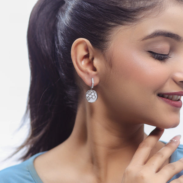 925 Silver White Hexa Drop Hoop Earrings